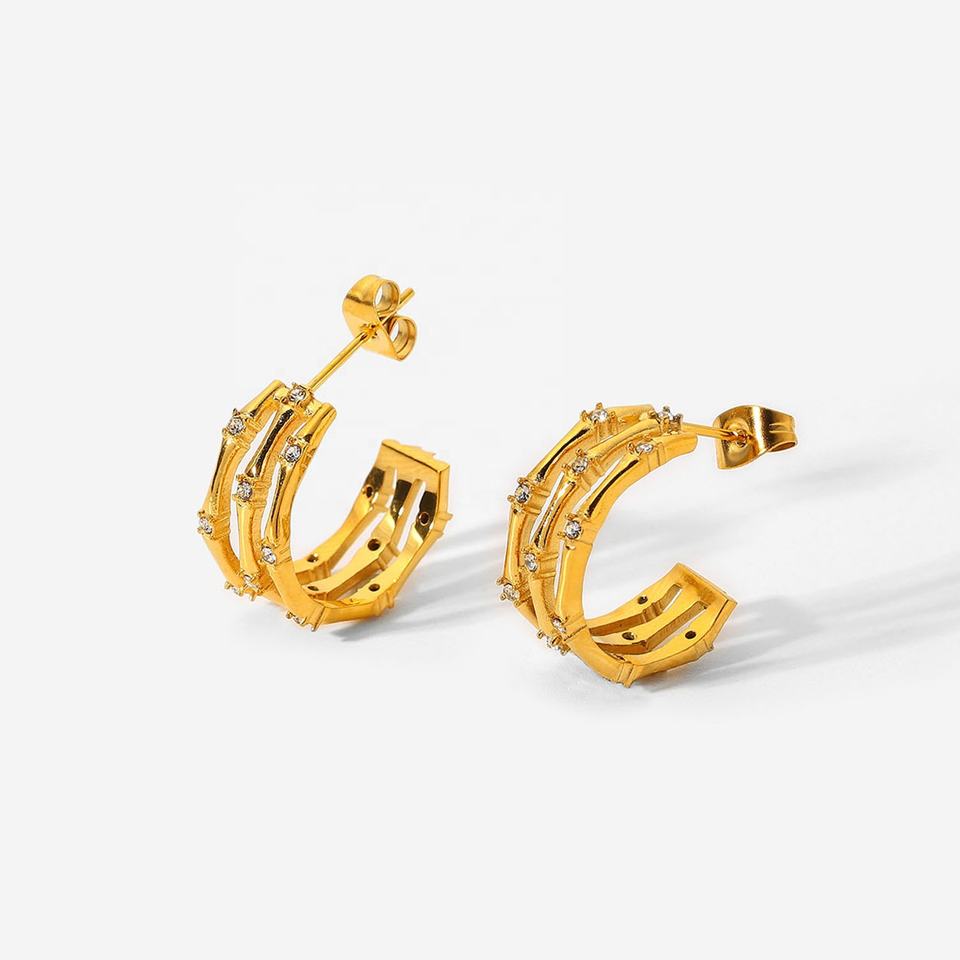 Bamboo Style C Shape CZ Stud Earrings