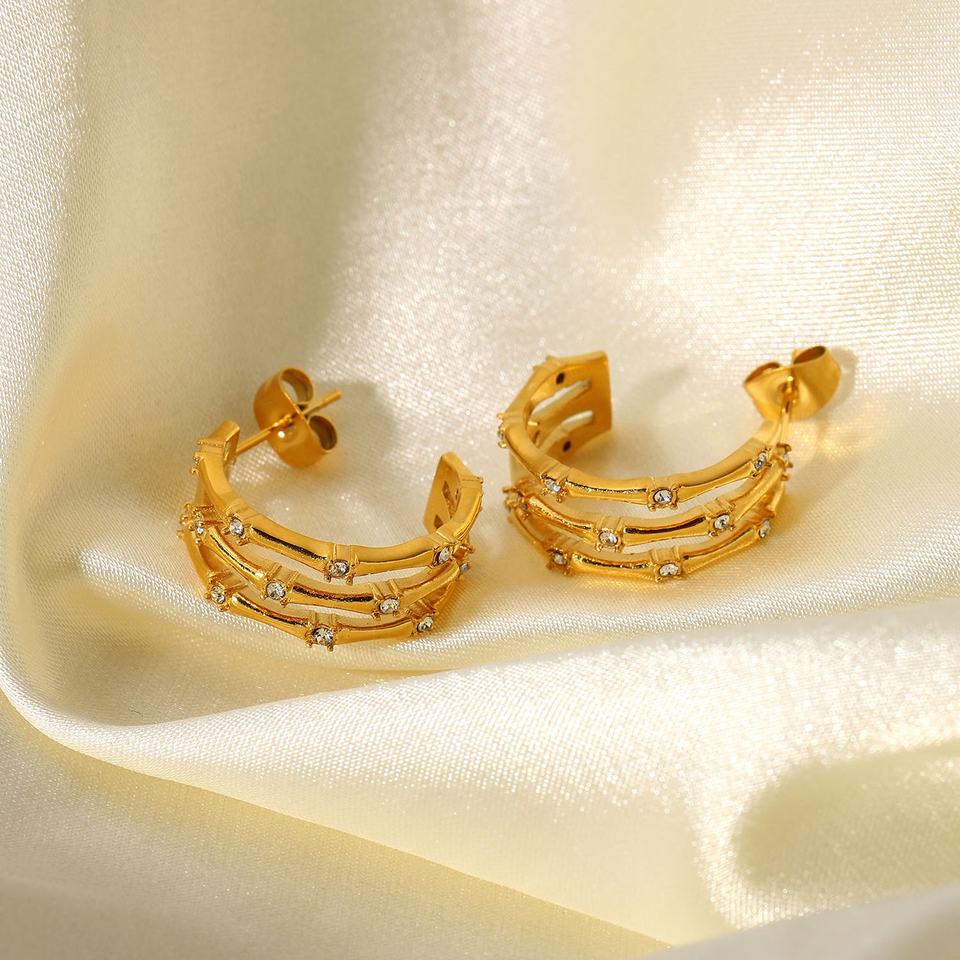 Bamboo Style C Shape CZ Stud Earrings