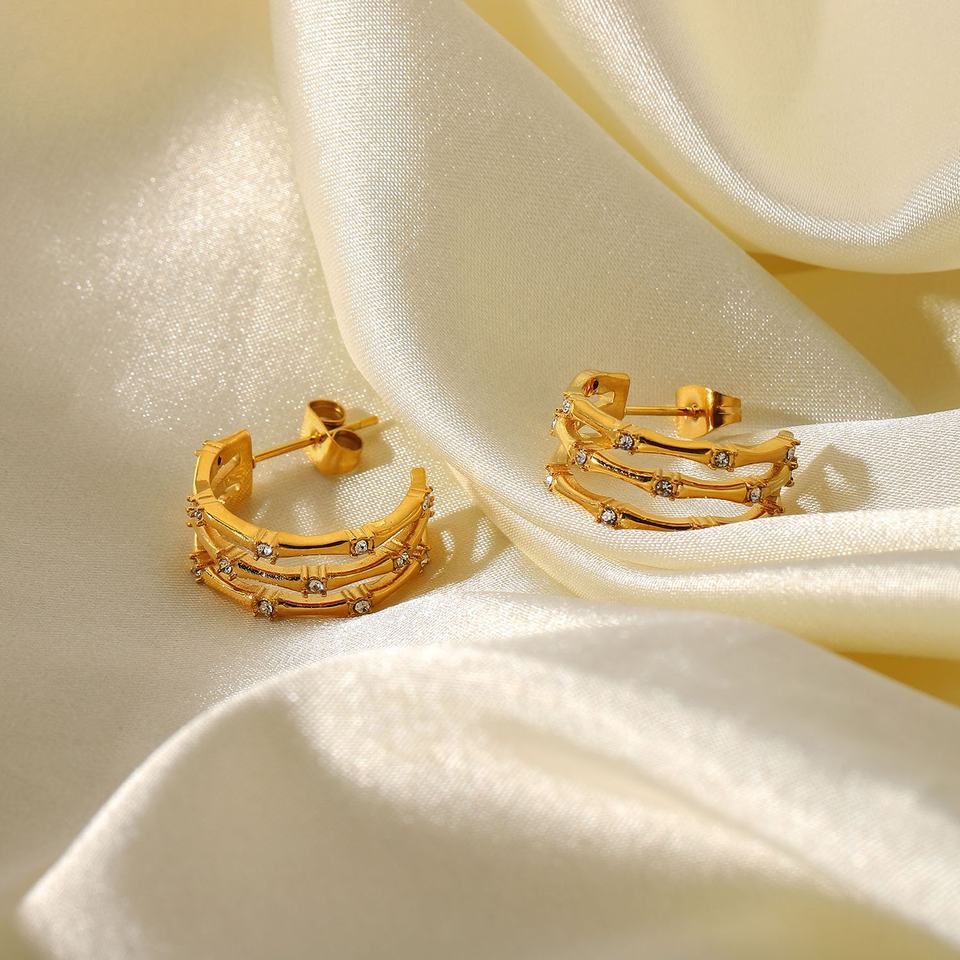Bamboo Style C Shape CZ Stud Earrings
