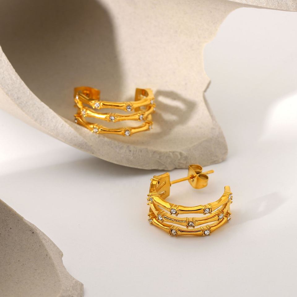 Bamboo Style C Shape CZ Stud Earrings