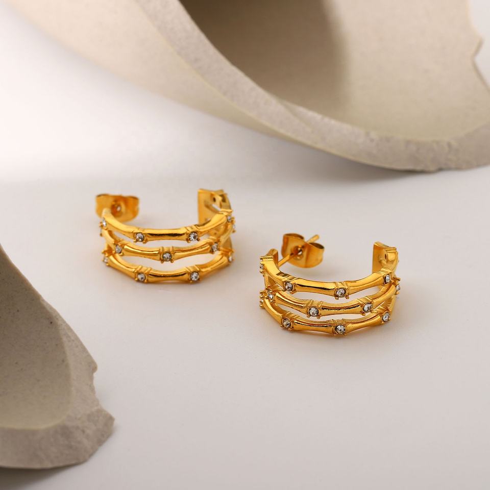 Bamboo Style C Shape CZ Stud Earrings