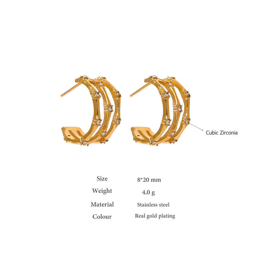 Bamboo Style C Shape CZ Stud Earrings