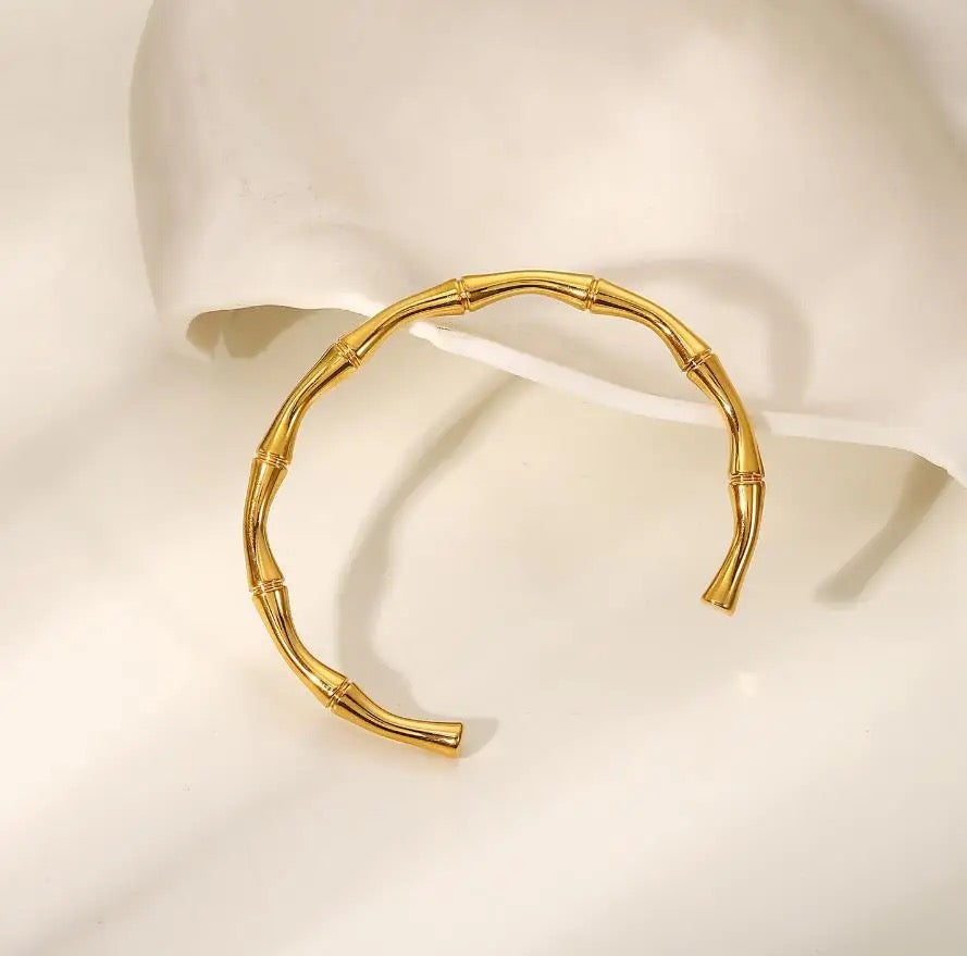 Bamboo Style Cuff Bangle 18K Gold Plated