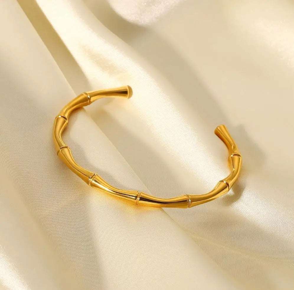 Bamboo Style Cuff Bangle 18K Gold Plated