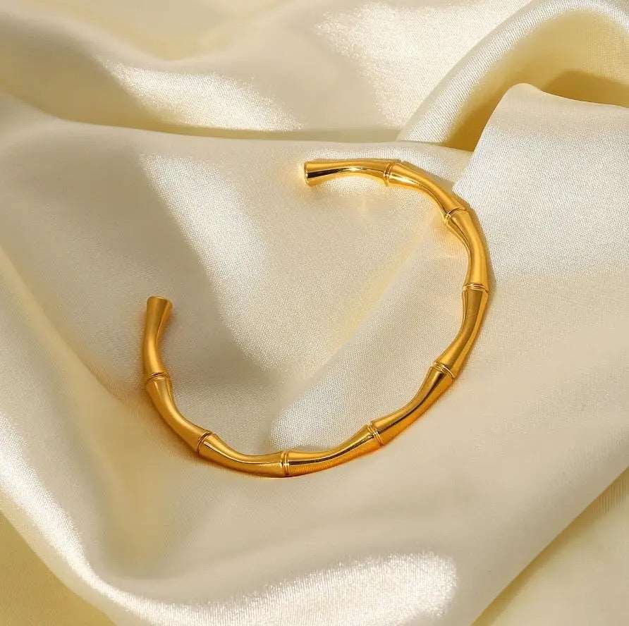 Bamboo Style Cuff Bangle 18K Gold Plated