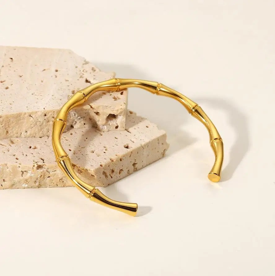 Bamboo Style Cuff Bangle 18K Gold Plated