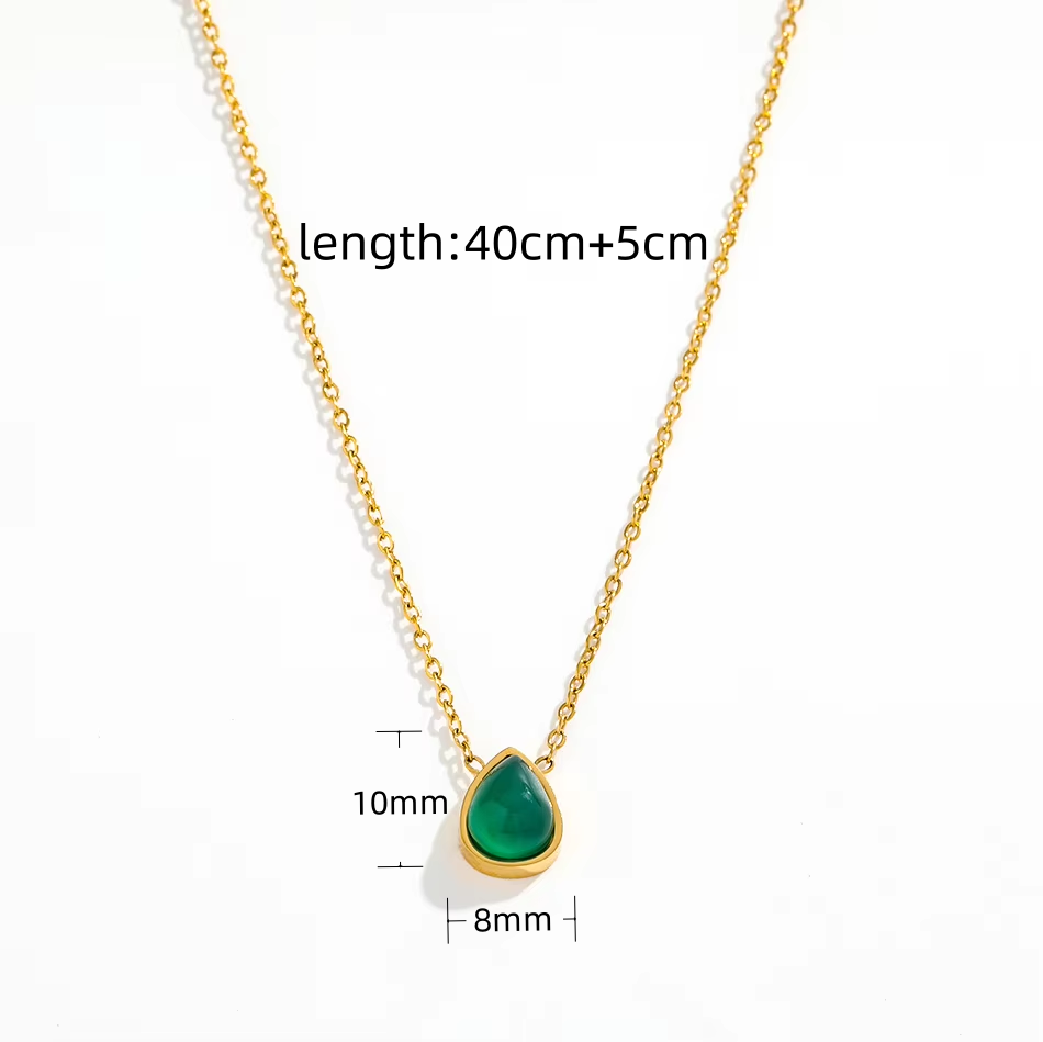 Green Water Drop Dainty Pendant Necklace | 18K Gold Plated