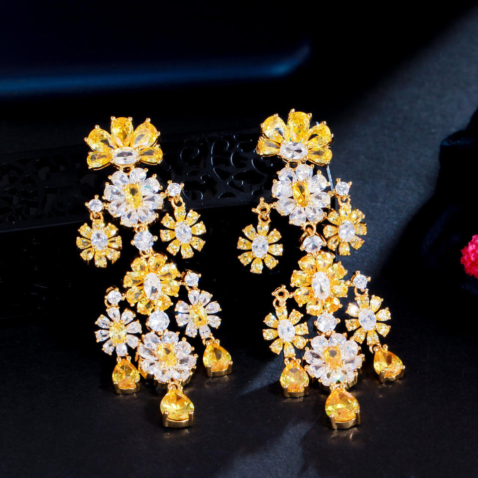 Cluster Flower Cubic Zirconia Tassel Earrings