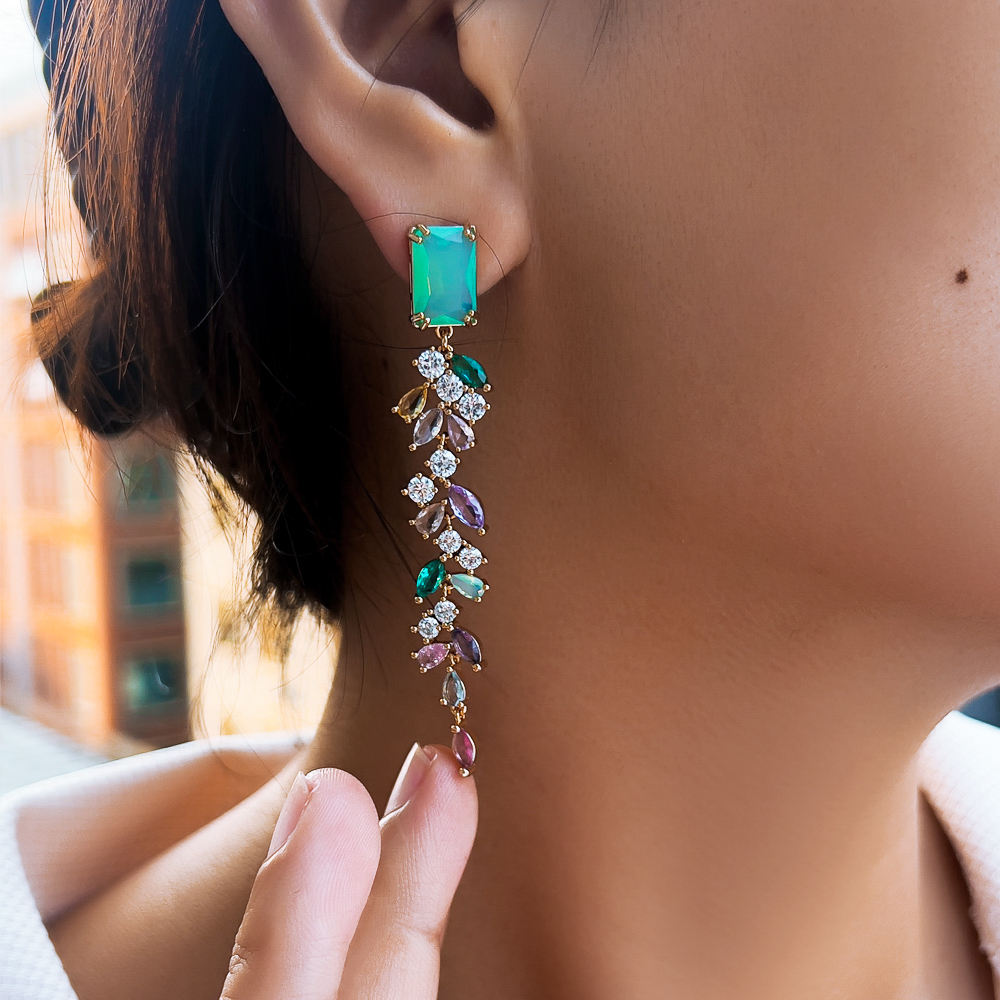 Multi-Coloured Long Dangle Earrings | Cubic Zirconia