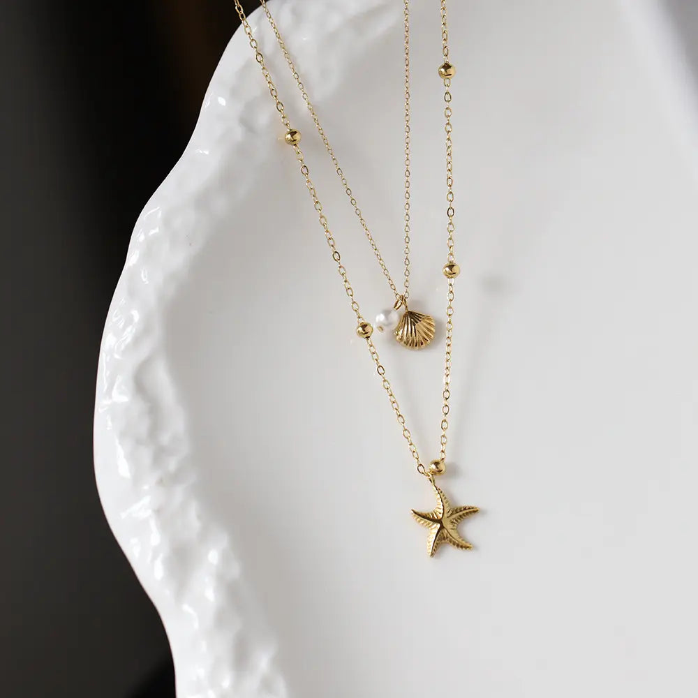 Double-Layer Shell Seastar Necklace | 18K Gold Plated