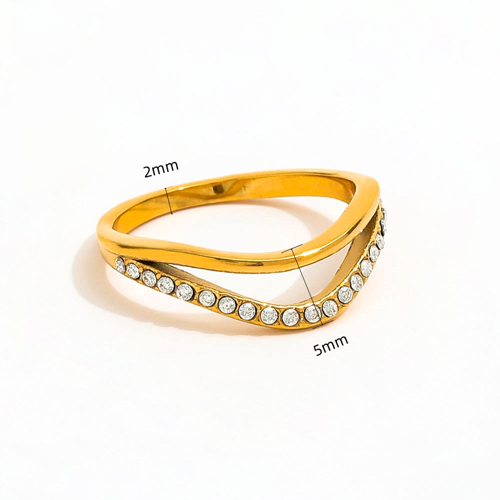 Double-layer Dainty Half Paved Waved Ring | 18K Gold Plated