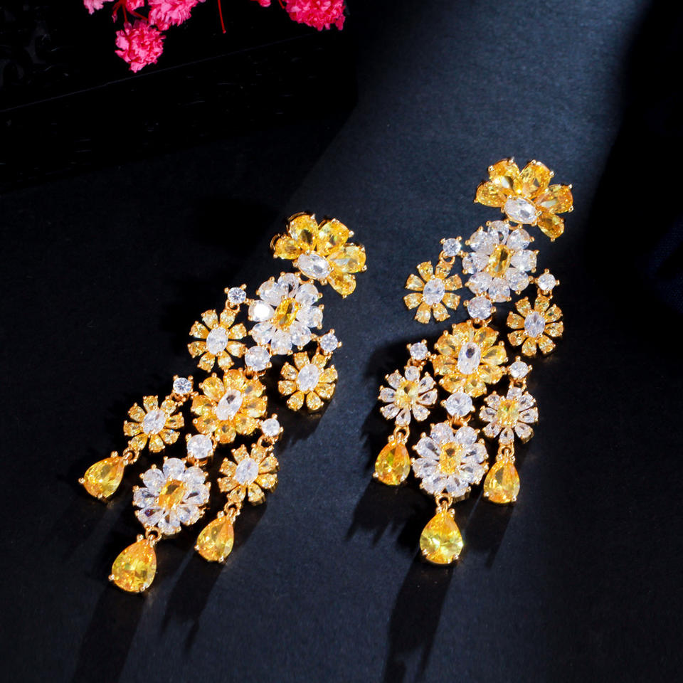 Cluster Flower Cubic Zirconia Tassel Earrings