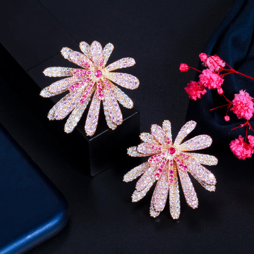 Big Flower Stud Earrings | Cubic Zirconia