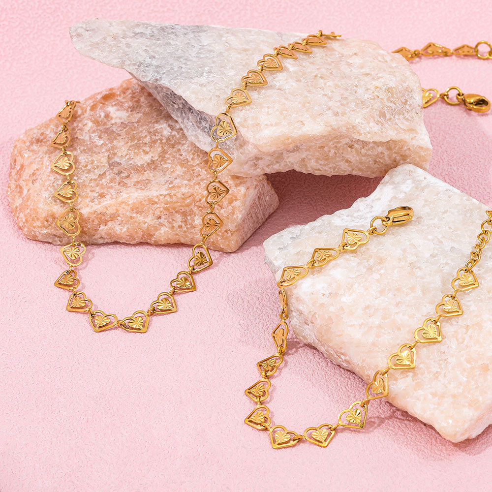 Love Heart Burst Hollow Necklace Bracelet Set
