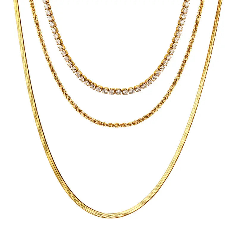 Three Layers Snake Chain Pave Necklace