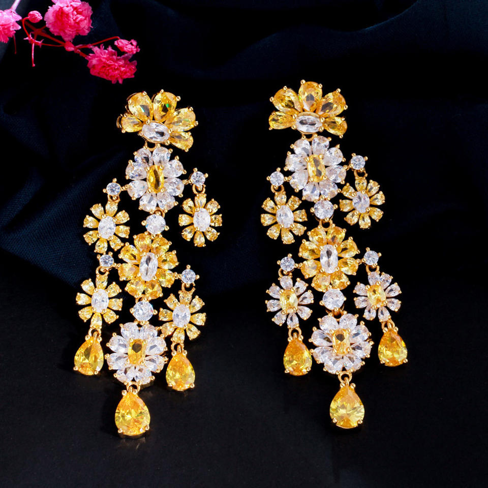 Cluster Flower Cubic Zirconia Tassel Earrings
