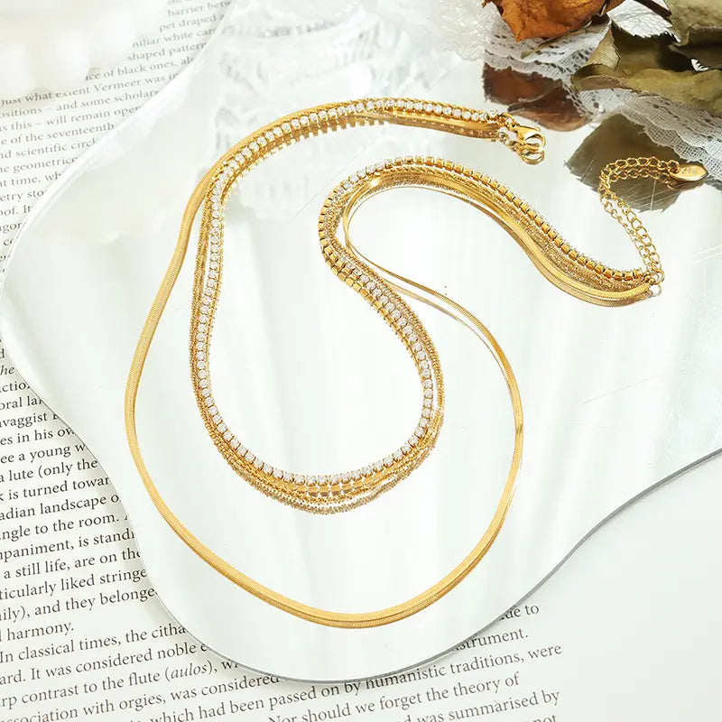 Three Layers Snake Chain Pave Necklace
