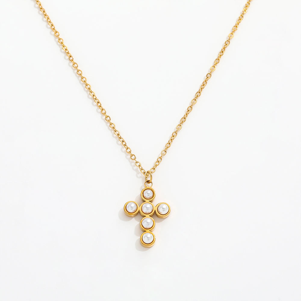 Pearl Cross Pendant Necklace | 18K Gold Plated