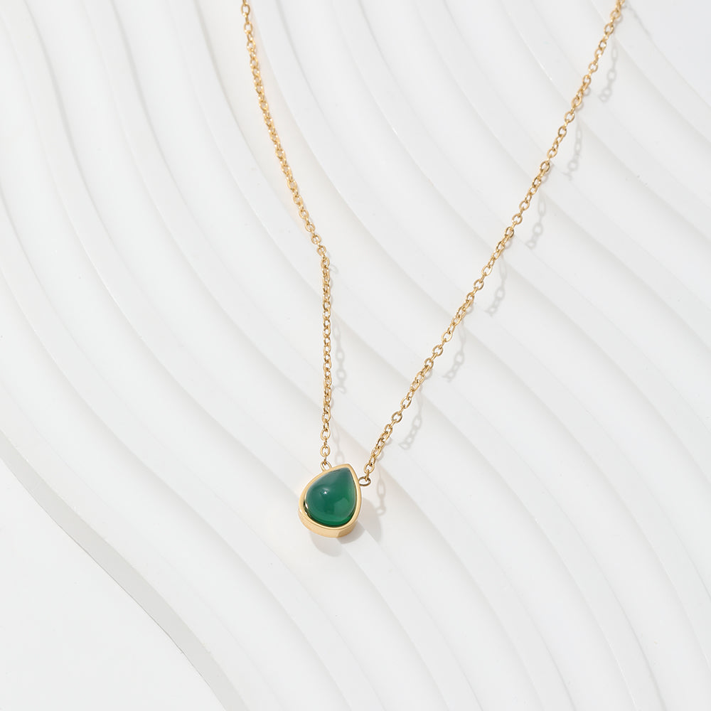 Green Water Drop Dainty Pendant Necklace | 18K Gold Plated