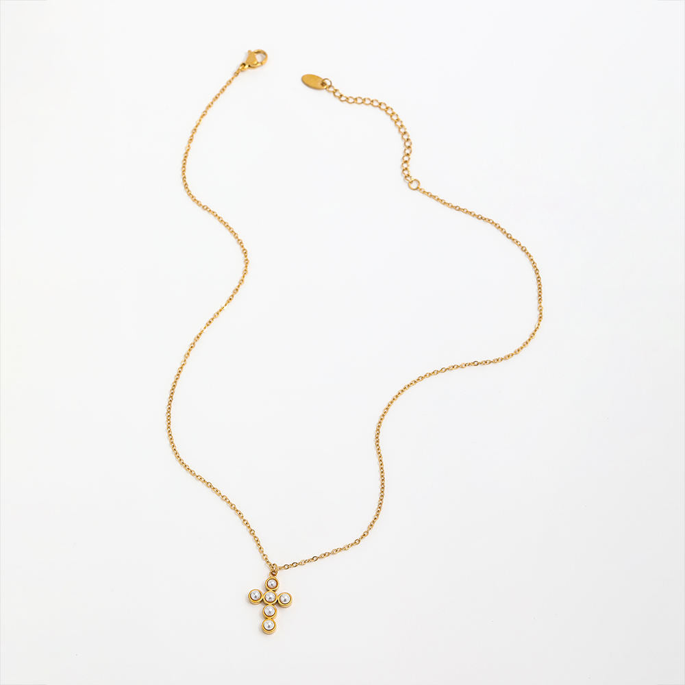 Pearl Cross Pendant Necklace | 18K Gold Plated