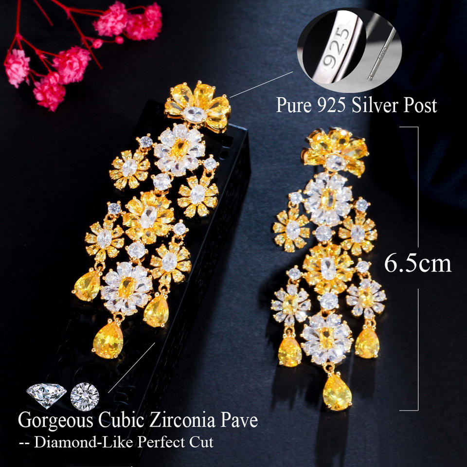 Cluster Flower Cubic Zirconia Tassel Earrings