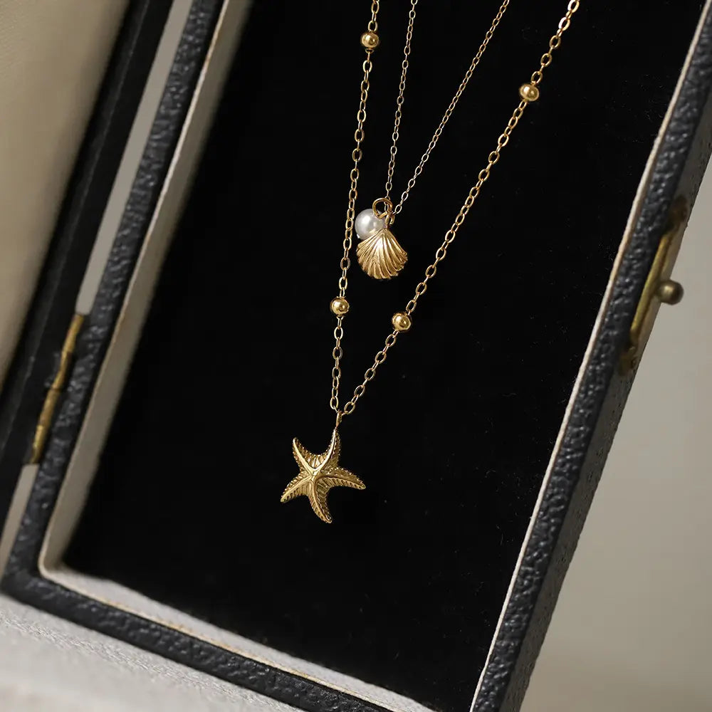 Double-Layer Shell Seastar Necklace | 18K Gold Plated