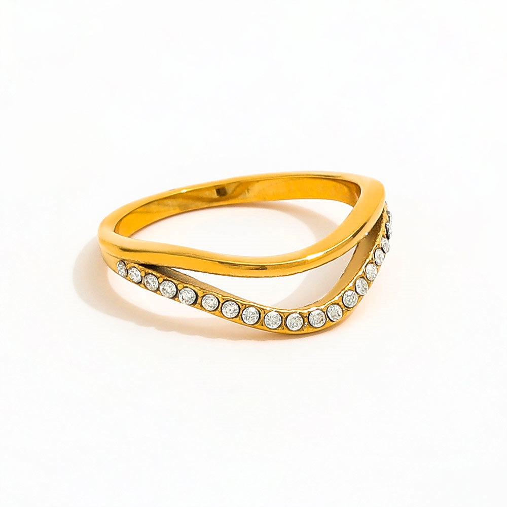 Double-layer Dainty Half Paved Waved Ring | 18K Gold Plated