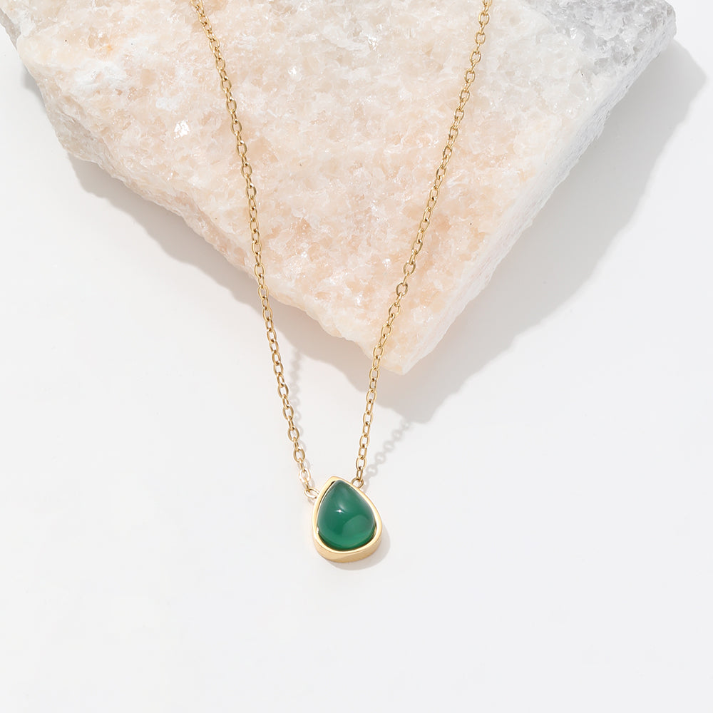 Green Water Drop Dainty Pendant Necklace | 18K Gold Plated