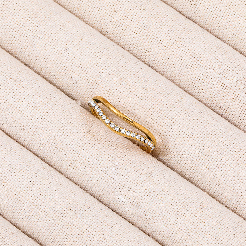 Double-layer Dainty Half Paved Waved Ring | 18K Gold Plated