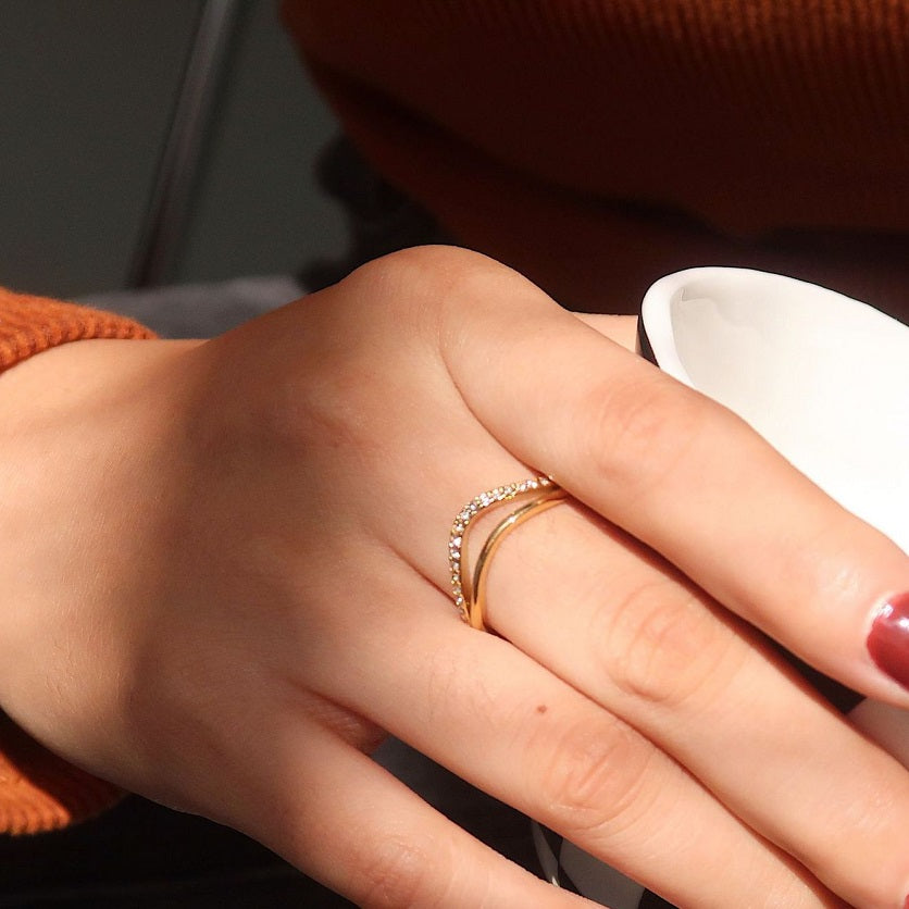 Double-layer Dainty Half Paved Waved Ring | 18K Gold Plated