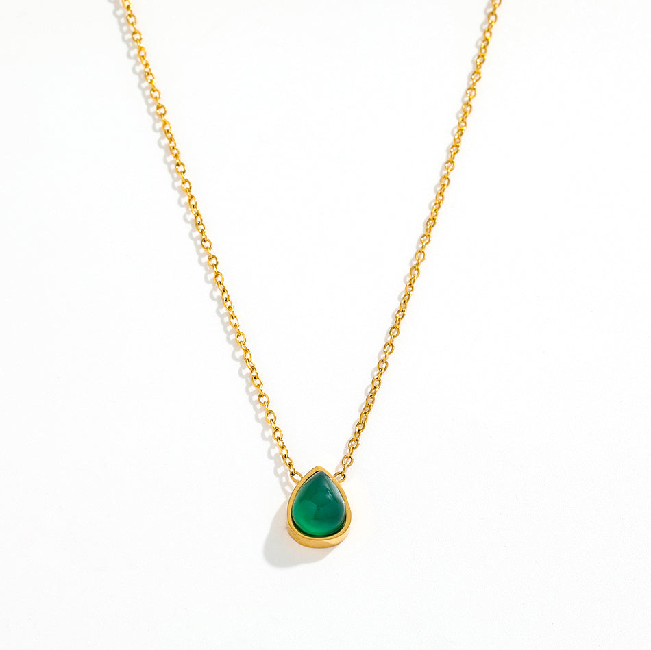 Green Water Drop Dainty Pendant Necklace | 18K Gold Plated