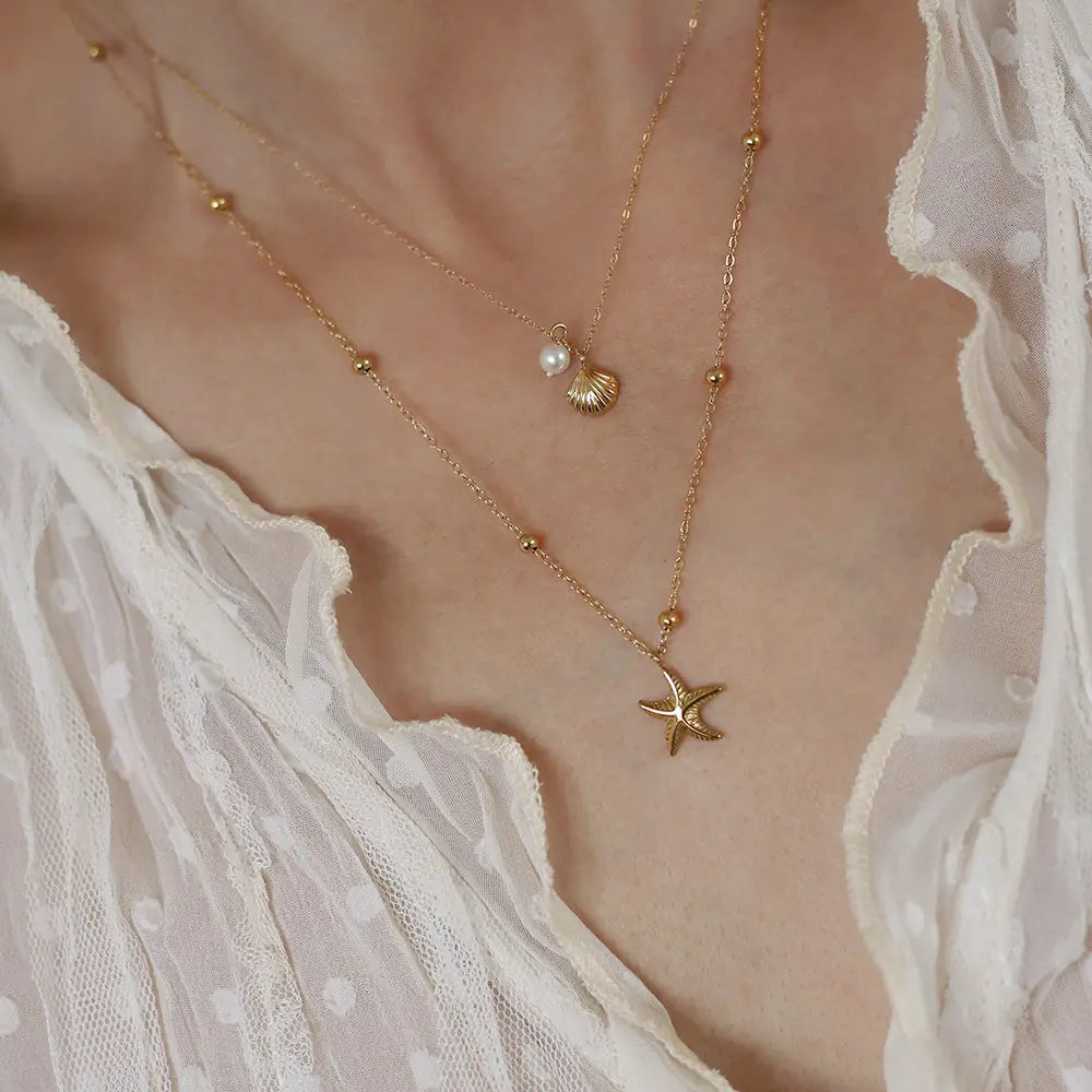 Double-Layer Shell Seastar Necklace | 18K Gold Plated