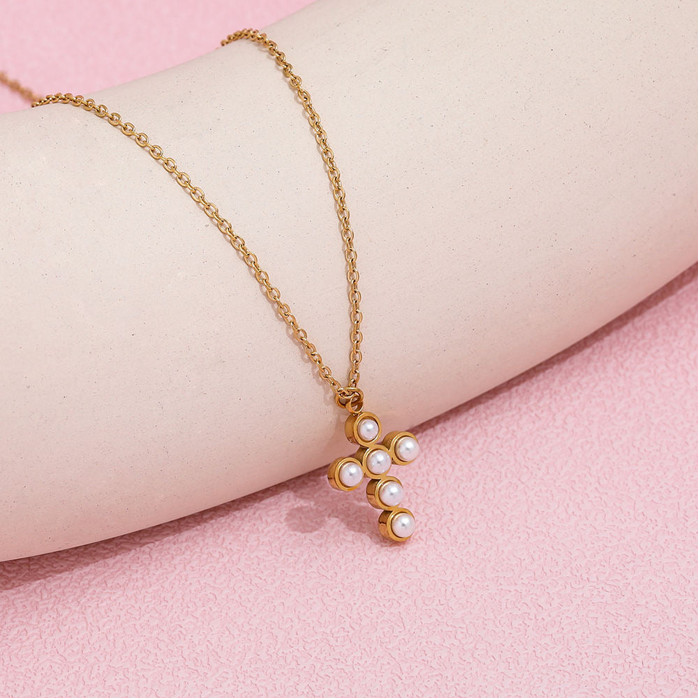 Pearl Cross Pendant Necklace | 18K Gold Plated