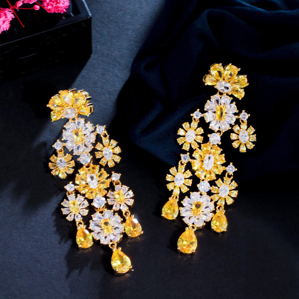 Cluster Flower Cubic Zirconia Tassel Earrings