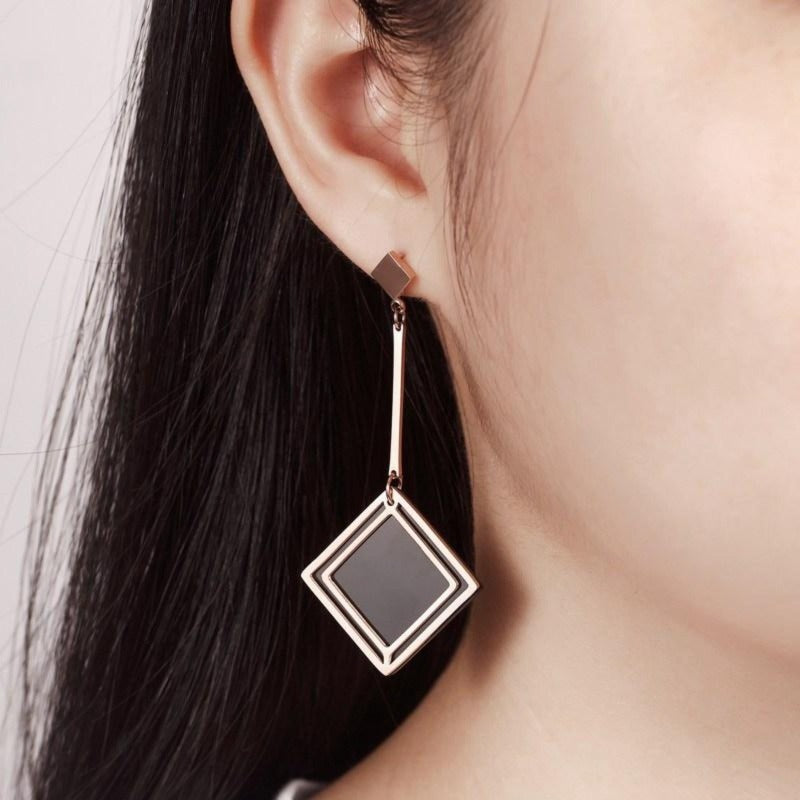 Black & Rose Gold Square Drop Stainless Steel Dangle Earrings