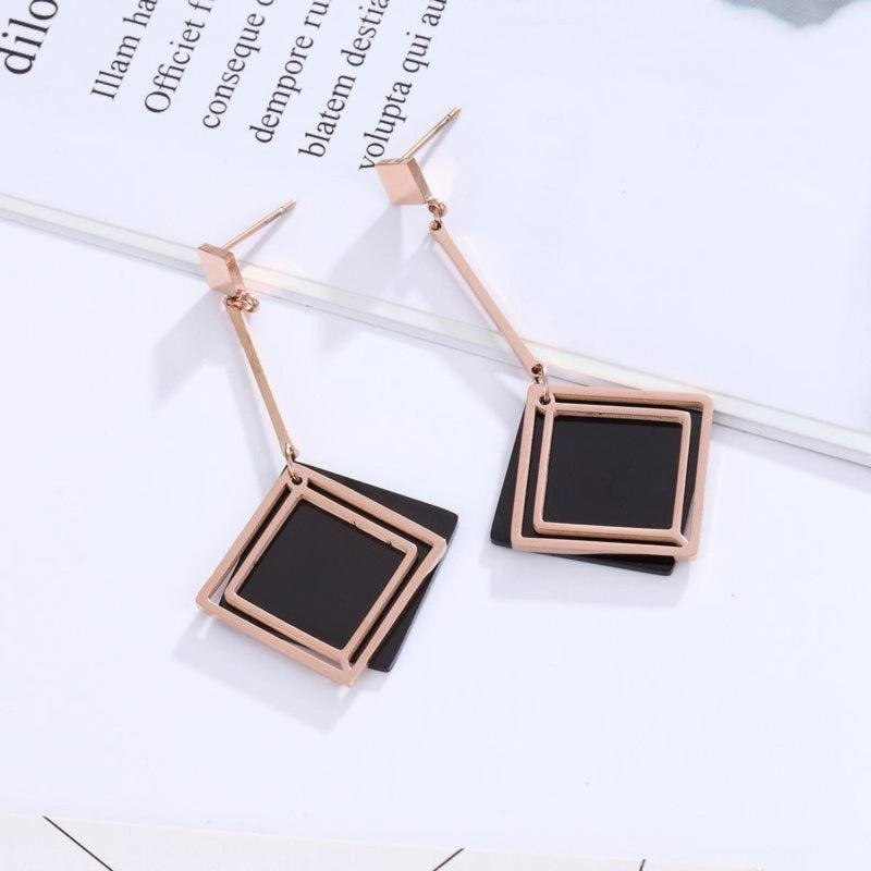 Black & Rose Gold Square Drop Stainless Steel Dangle Earrings
