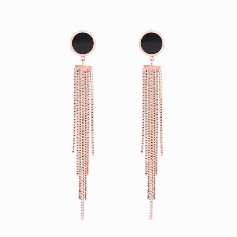 Long Tassel Earrings | Black & Rose Gold Stainless Steel