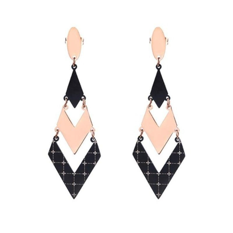 Black and Rose Gold Layered Stainless Steel Dangle Earrings