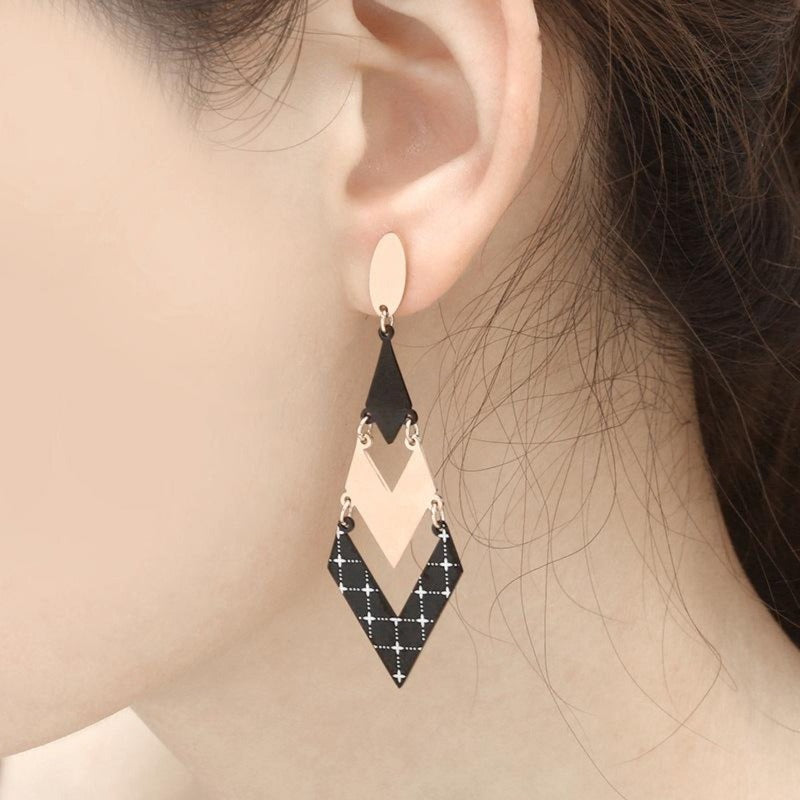 Black and Rose Gold Layered Stainless Steel Dangle Earrings