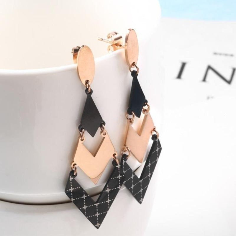 Black and Rose Gold Layered Stainless Steel Dangle Earrings