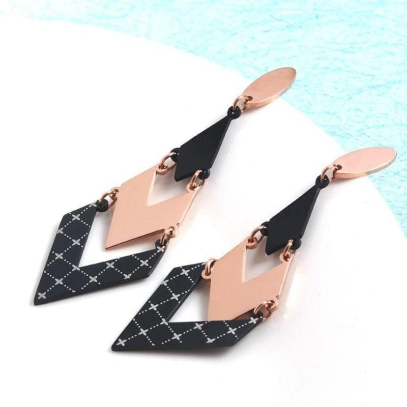 Black and Rose Gold Layered Stainless Steel Dangle Earrings