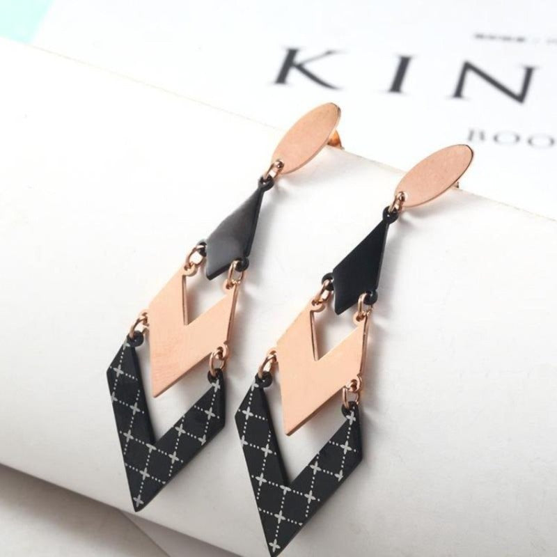 Black and Rose Gold Layered Stainless Steel Dangle Earrings