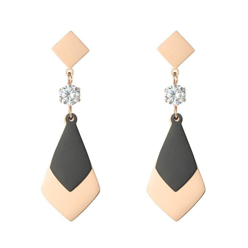 Black and Rose Gold Stainless Steel Dangle Earrings with Zircon