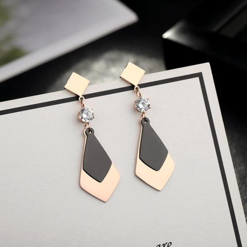 Black and Rose Gold Stainless Steel Dangle Earrings with Zircon