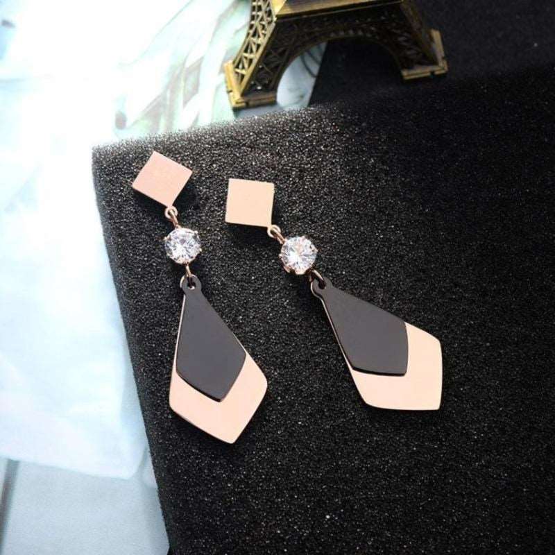 Black and Rose Gold Stainless Steel Dangle Earrings with Zircon