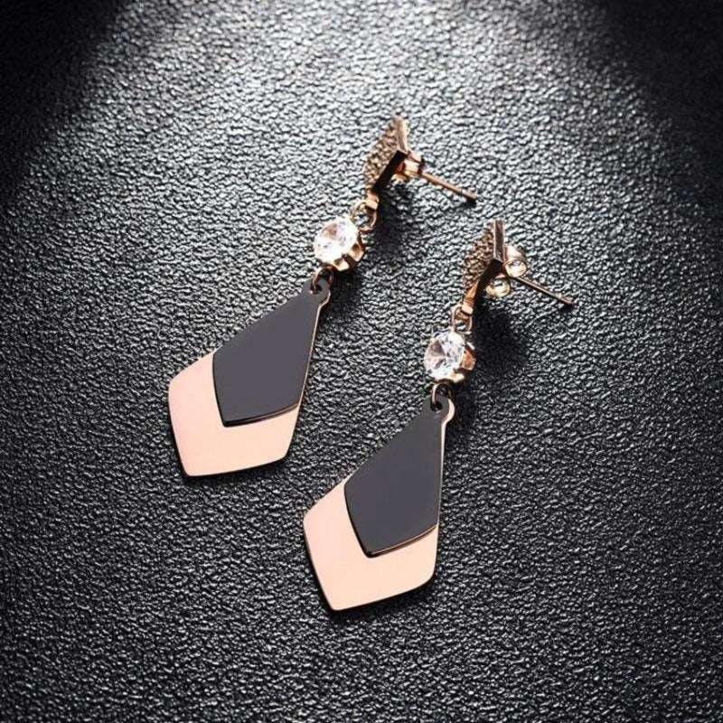 Black and Rose Gold Stainless Steel Dangle Earrings with Zircon