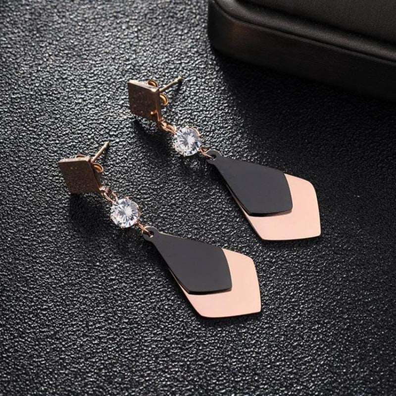 Black and Rose Gold Stainless Steel Dangle Earrings with Zircon