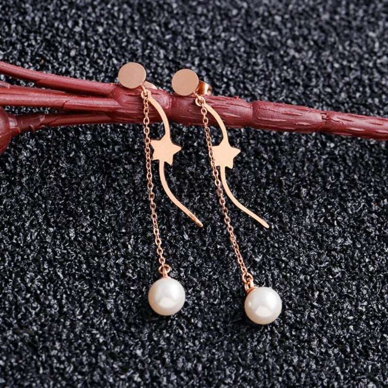 Chain & Curved Bar Stainless Steel Rose Gold Pearl Drop Earrings