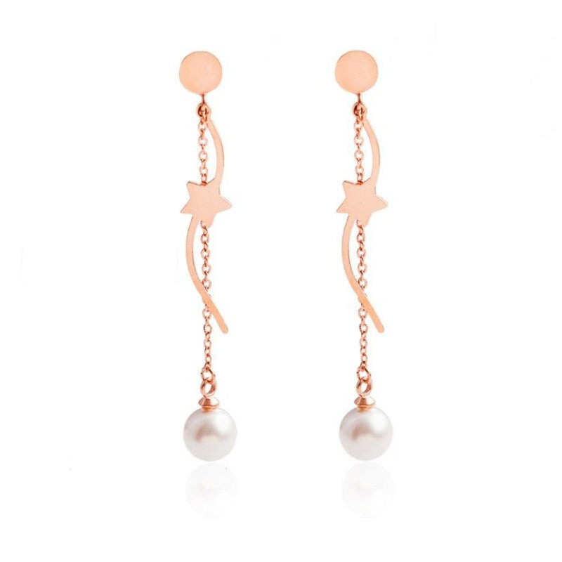 Chain & Curved Bar Stainless Steel Rose Gold Pearl Drop Earrings