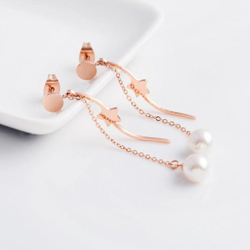 Chain & Curved Bar Stainless Steel Rose Gold Pearl Drop Earrings